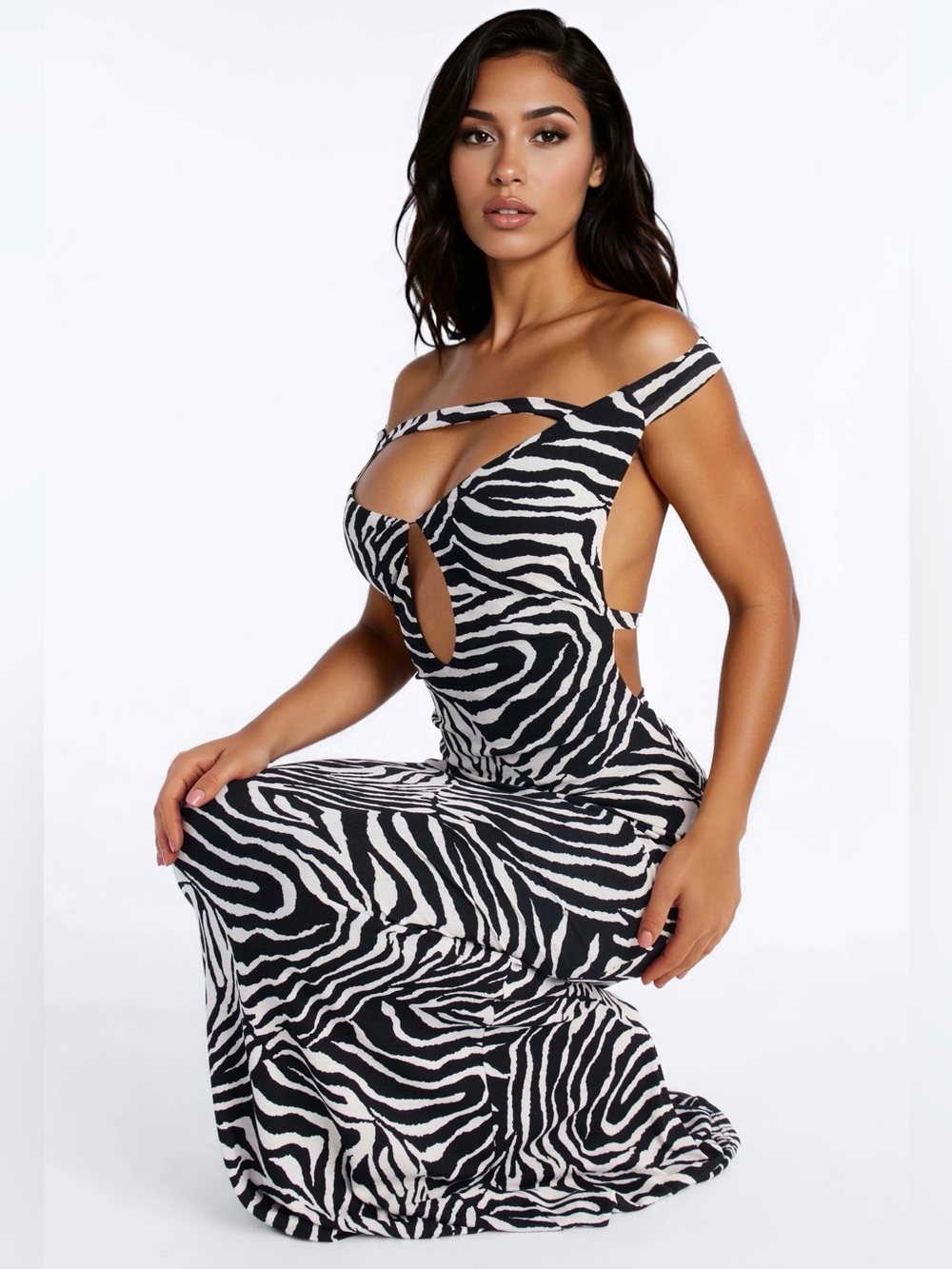 Fashion Nova One-Shoulder Zebra Print Maxi Dress - Black & White